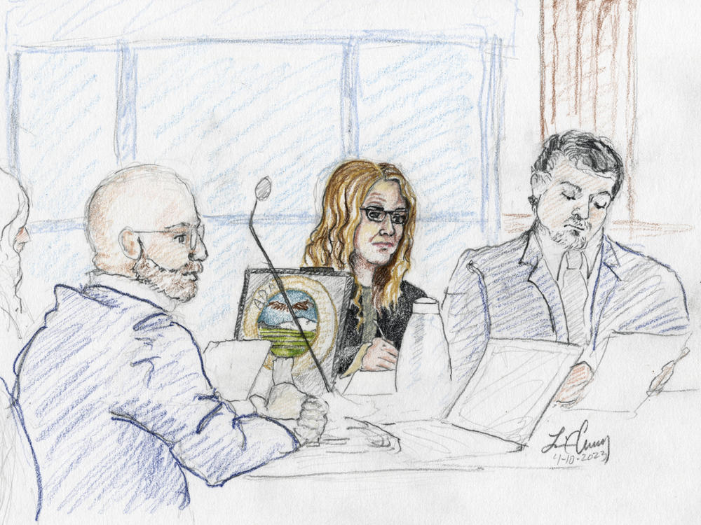 A sketch depicts Madison County prosecutor Rob Wood (from left), Lori Vallow Daybell and defense attorney Jim Archibald during opening statements of Vallow Daybell's murder trial in Boise, Idaho, on Monday.