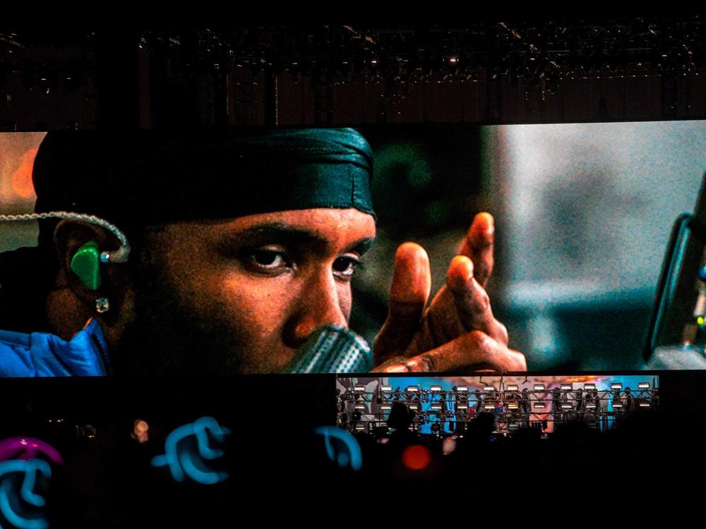 Frank Ocean is seen on the display screen during his headlining set on the Coachella stage Sunday during the festival's opening weekend.