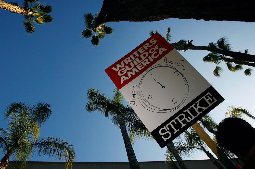 Writers Guild of America members and supporters picket in front of NBC studios ahead of proposed contract in February 2008.