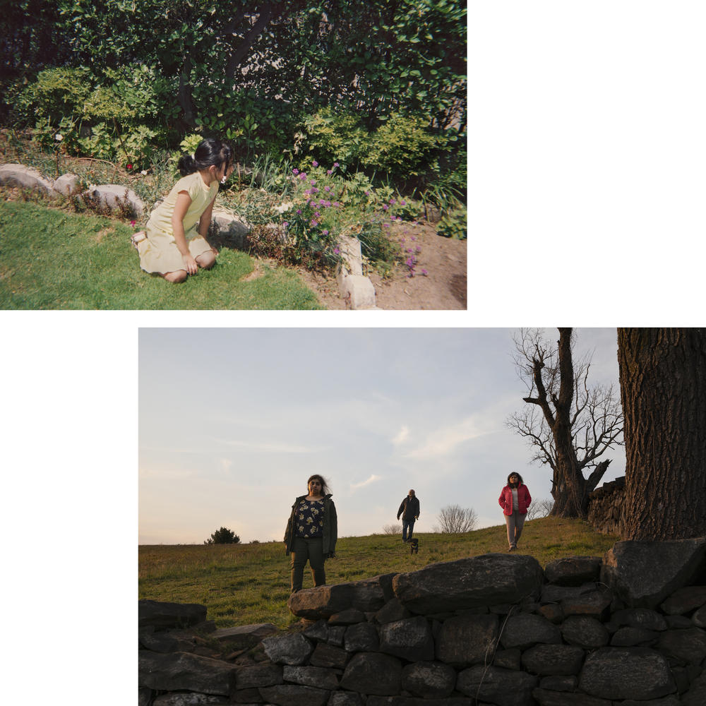Top: Maansi sits in the grass, looking at some of her favorite flowers in her grandmother's garden in Delhi, India, in 2005. Before her Nani passed away, they would spend hours playing in her garden with local children and Maansi's cousins. Above: Maansi's sister, Komal Srivastava, her father and her mother walk toward her at a park in Wilmington, Del., in spring 2020.