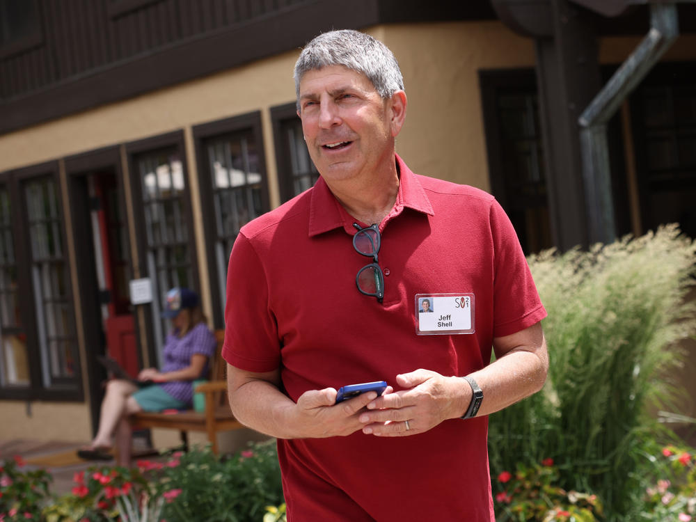 NBCUniversal CEO Jeff Shell speaks to the media at the Allen & Company Sun Valley Conference in July 2021 in Sun Valley, Idaho. Shell is out of his job after an 