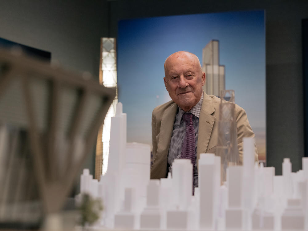 Lord Norman Foster sits for a portrait on the 42nd floor of JPMorgan's current headquarters. Lord Foster is the architect for a new 60-story building the bank is building. He describes the new structure as a 