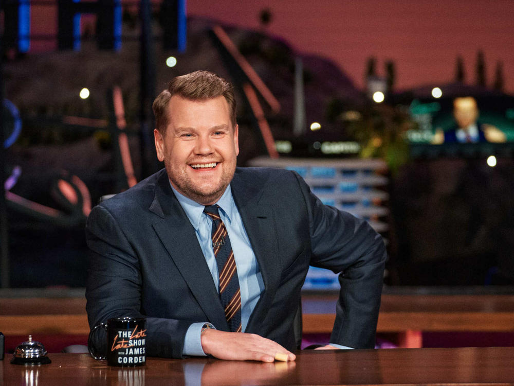 James Corden behind the desk at <em>The Late Late Show.</em>