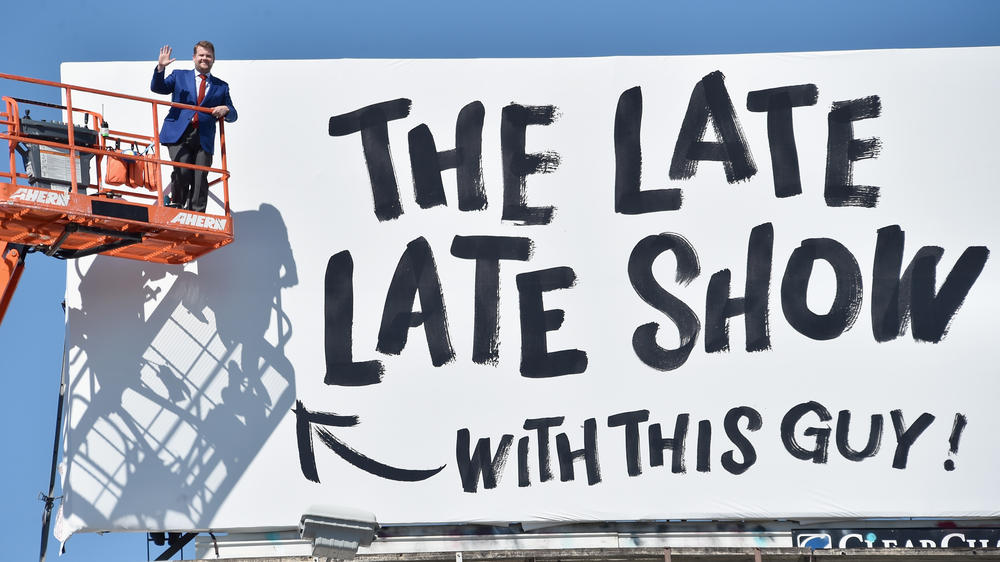James Corden puts up his own billboard in Los Angeles before debuting on <em>The Late Late Show</em> in 2015.