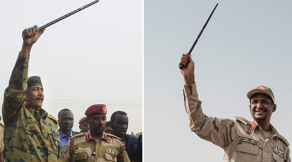 Gen. Abdel Fattah Burhan (left), the head of Sudan's ruling military council, greets supporters near the capital Khartoum in 2019. Sudanese paramilitary commander Gen. Mohammed Dagalo, widely known as Hemedti, is shown on the right, in the capital earlier this month. The generals have been fighting for control of Sudan for nearly two weeks, leaving more than 400 dead.