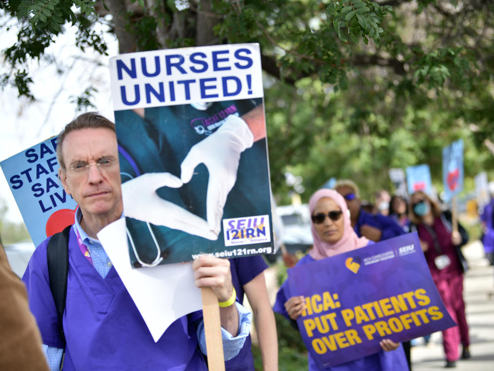 Nurses, other healthcare workers and members of the Service Employees International Union rally for better staffing levels at West Hills Hospital on January 12, 2023 in West Hills, California.