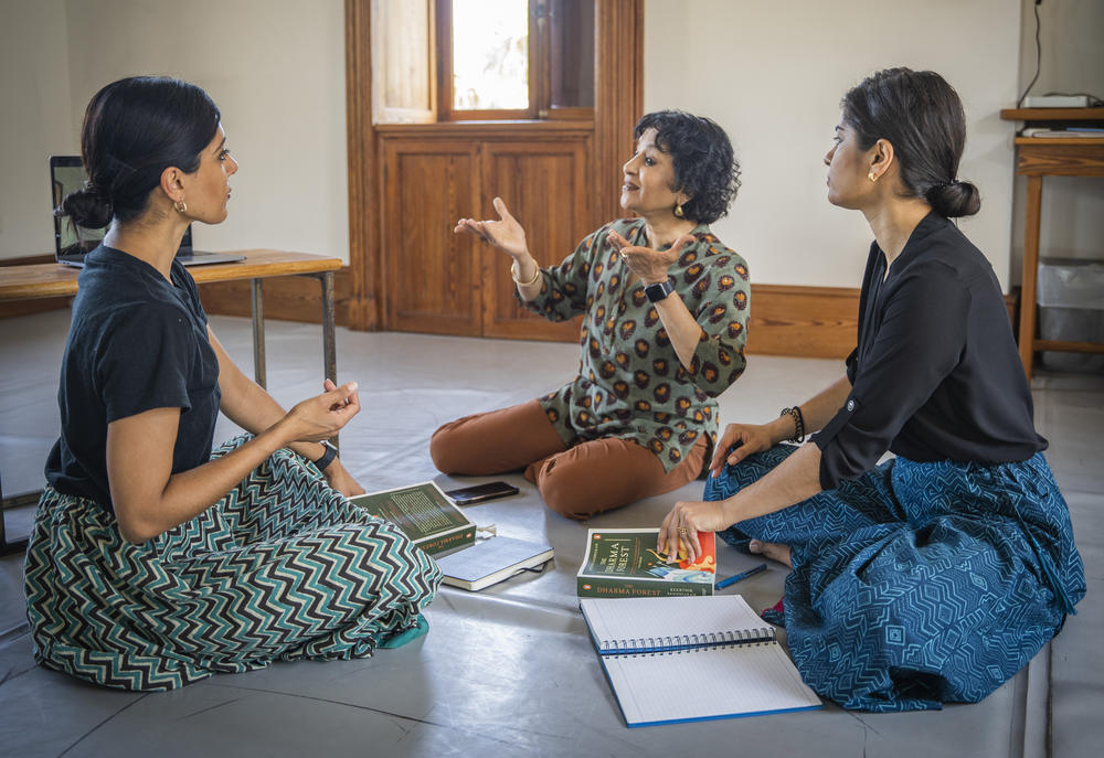 Ranee Ramaswamy (center) with her daughters, Aparna (left) and Ashwini Ramaswamy.