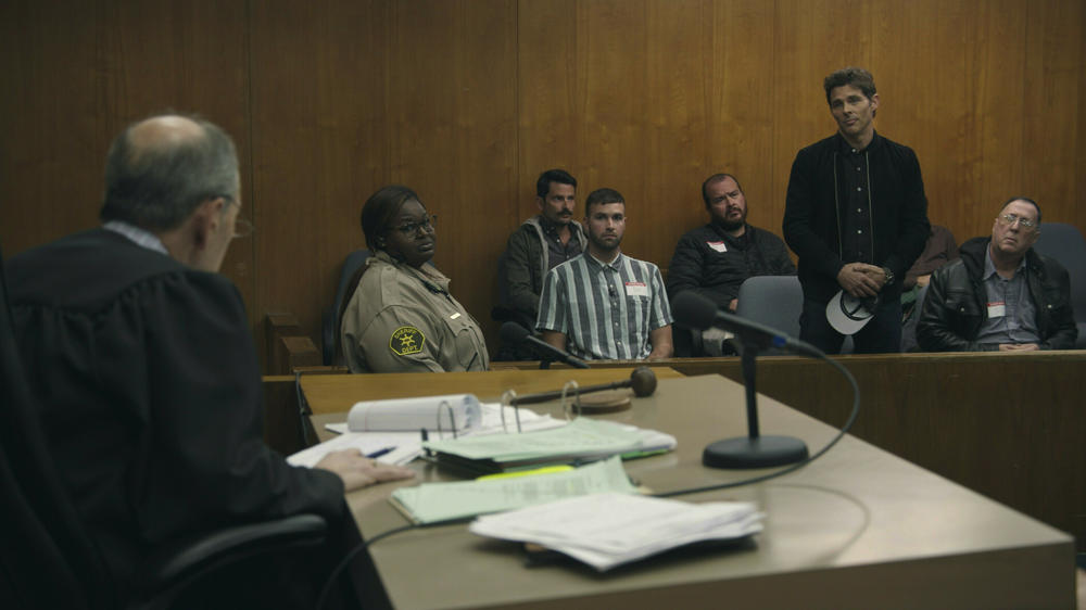 Ronald Gladden (center, in stripes) is the lone non-actor in the series <em>Jury Duty.</em>
