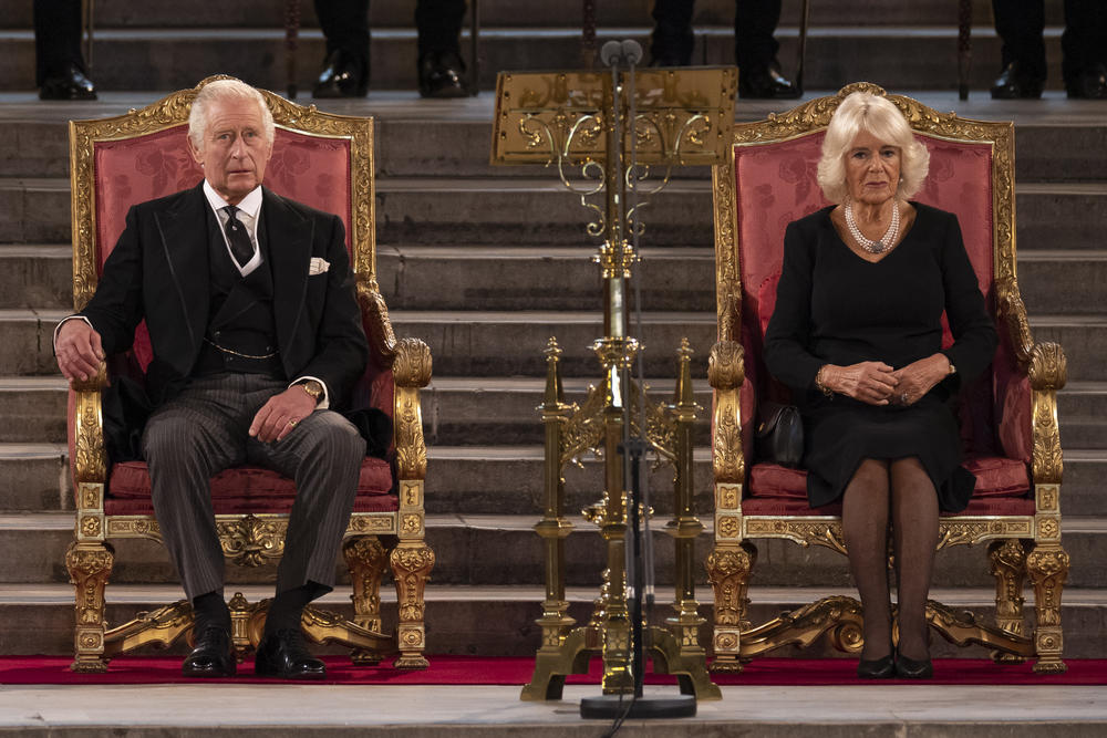 King Charles III and Camilla, Queen Consort take part in an address in Westminster Hall in September 2022.