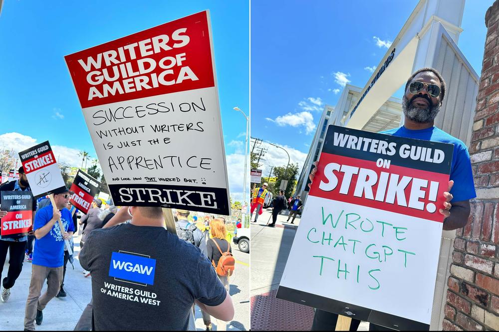 On left, a picket sign outside Netflix headquarters in Hollywood. On right, writer K.C. Scott pickets outside Amazon Studios in Culver City, Calif.