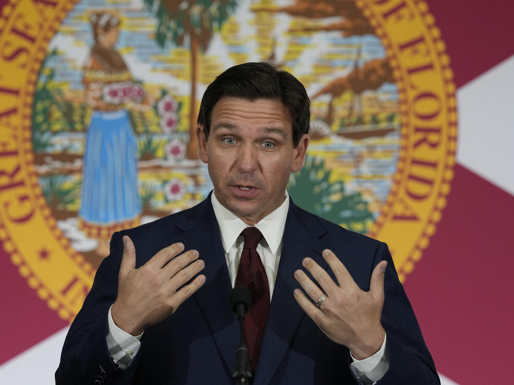 Florida Gov. Ron DeSantis speaks during a news conference to sign several bills related to public education and teacher pay, in Miami, on May 9.