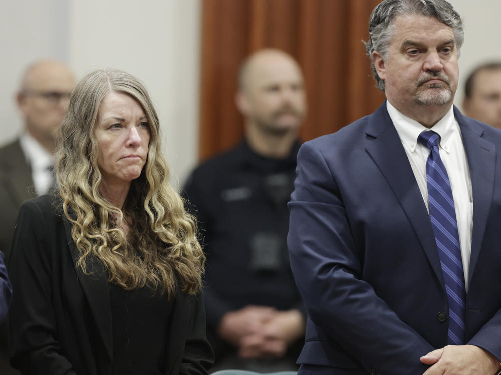 Lori Vallow Daybell listens as the jury's verdict is read at the Ada County Courthouse in Boise, Idaho, on Friday. The jury convicted Daybell of murder in the deaths of her two youngest children and conspiring to murder a romantic rival.