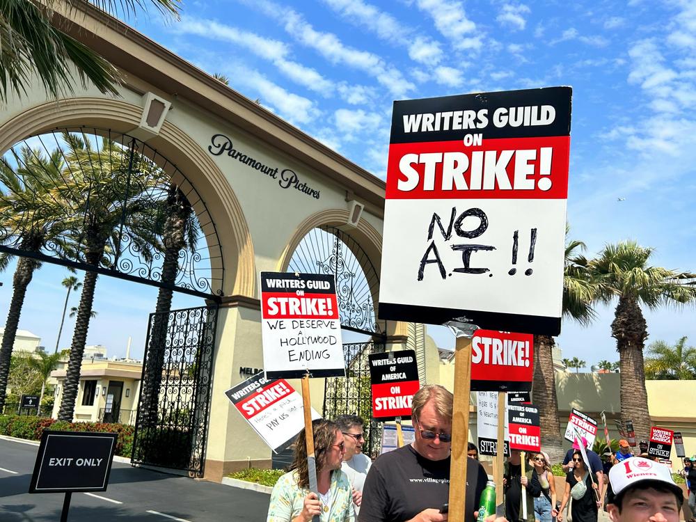 Hollywood writers picket outside of Paramount Pictures this week.