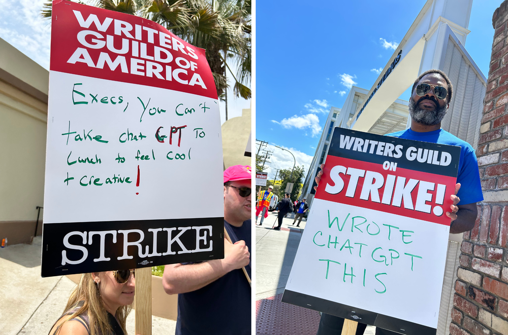 Comedy writer Miranda Berman (L) holds a picket sign outside of Paramount Pictures this week. Writer K.C. Scott (R) pickets outside of Sony Pictures.