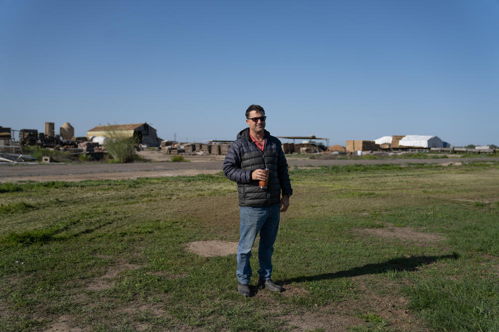 Dino Giacomazzi stands on his Central Valley farm, which depends on groundwater to grow almonds, lettuce and tomatoes for pizza sauce.