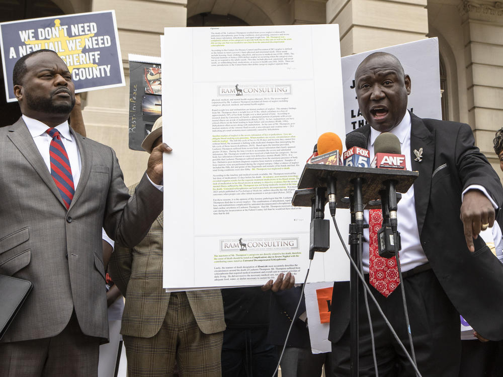 Ben Krump, civil rights attorney, speaks at a press conference addressing the results of an independent autopsy determining the cause of death of Lashawn Thompson on Monday, May 22, 2023, at the State Capital in Atlanta.