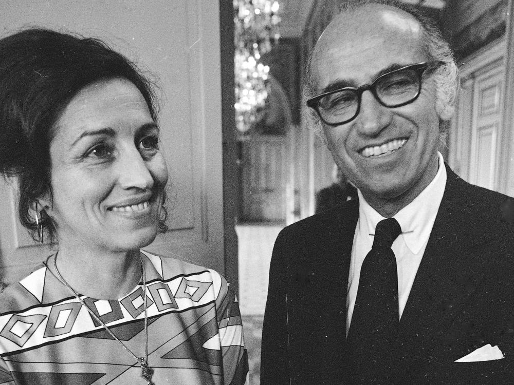Dr. Jonas Salk, right, developer of the polio vaccine, and artist Francoise Gilot appear following their civil wedding at Paris Neuilly Town Hall on June 30, 1970.