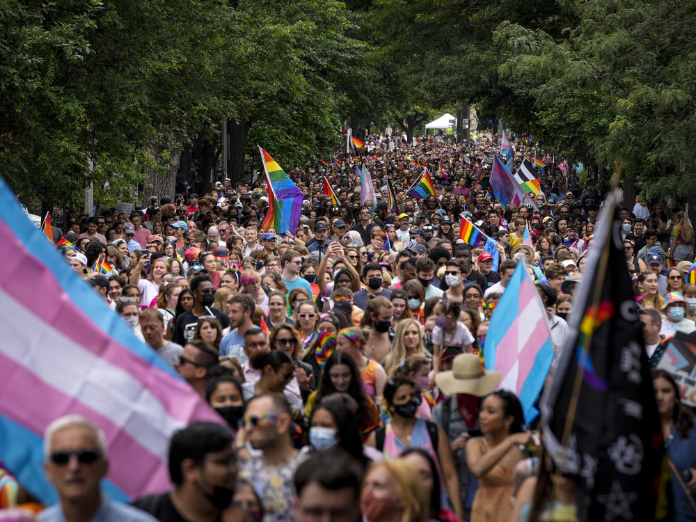 The Pride Walk and Rally heads from Dupont Circle to Freedom Plaza in Washington, D.C., on June 12, 2021.