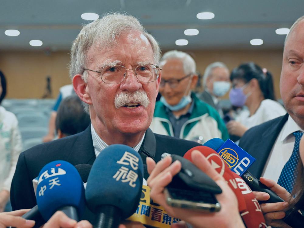 Former U.S. national security adviser John Bolton speaks to members of the media in Taipei in April.