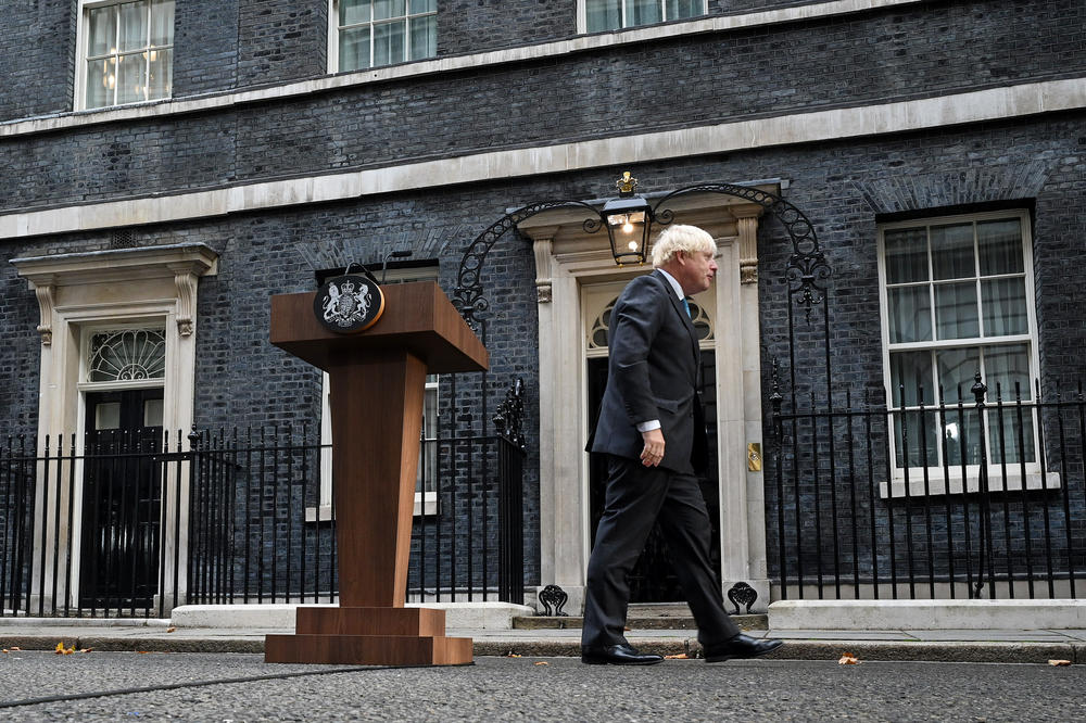 British Prime Minister Boris Johnson walks off after delivering a farewell address before his official resignation at Downing Street on Sept. 6, 2022, in London.