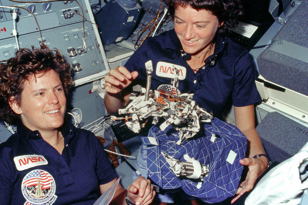 Astronauts Kathryn Sullivan (left) and Sally Ride aboard space shuttle Challenger on Oct. 13, 1984.
