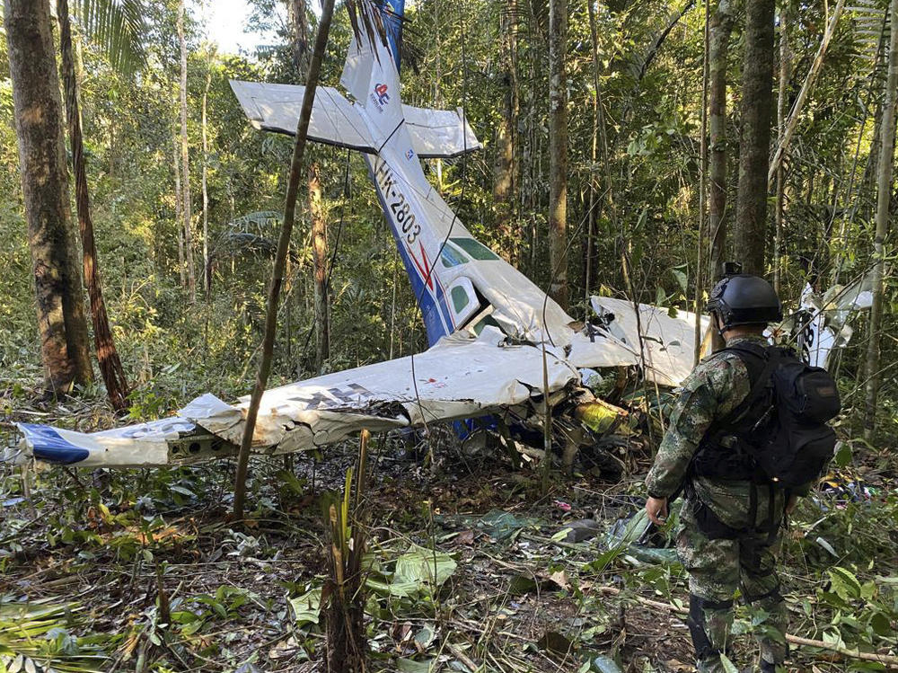 In this photo released by the Colombian military's press office, a soldier stands in front of the wreckage of a Cessna 206 on May 18. The bodies of three adults were recovered from inside the aircraft.