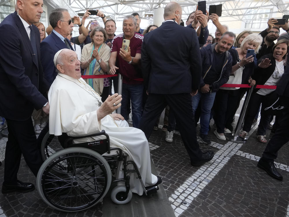 Pope Francis leaves the Agostino Gemelli University Polyclinic in Rome, on Friday, nine days after undergoing abdominal surgery.