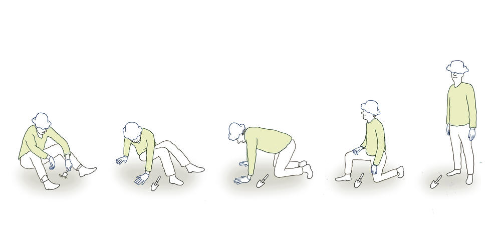 A sequence for how to get up safely from sitting down while gardening.