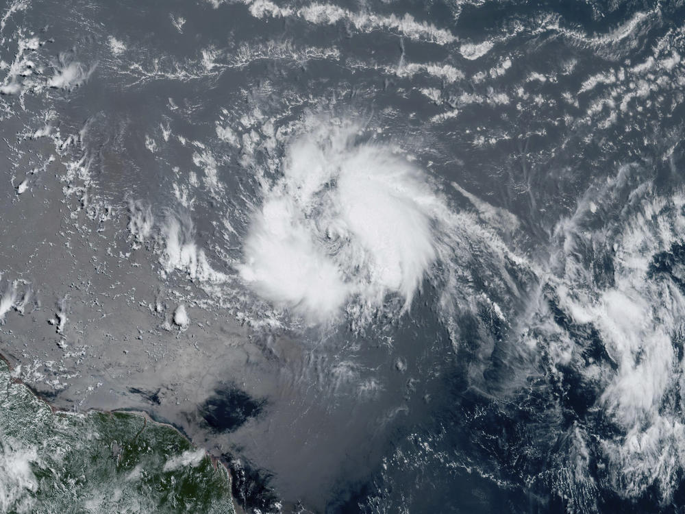 This satellite image taken on Tuesday shows Tropical Storm Bret chugging westward toward the eastern Caribbean.