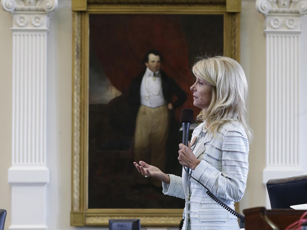 Then Texas Sen. Wendy Davis, D-Fort Worth, speaks during a filibuster of an abortion bill on June 25, 2013, in Austin, Texas.