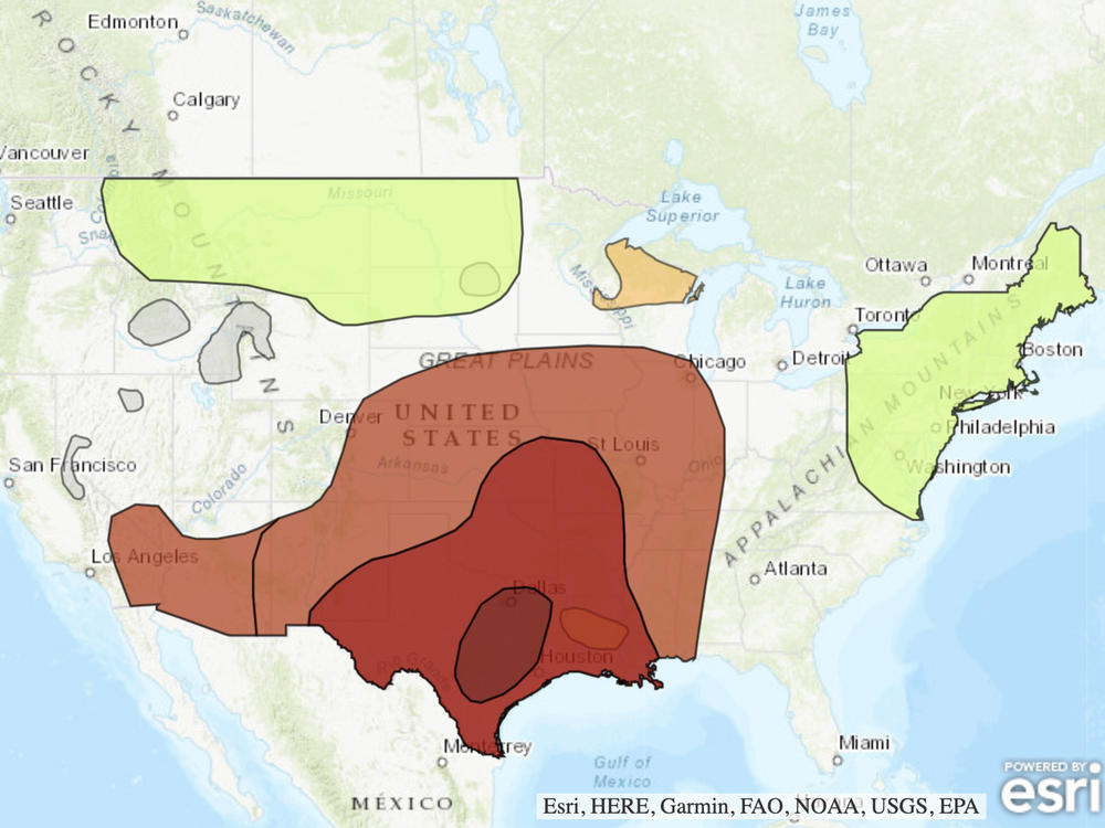 Red and dark-red blotches cover a map of the United States, as the Climate Protection Center warns of the risk of excessive heat. While the biggest threat is in Texas, areas far north as Iowa and Illinois are also seen in a shade of red.