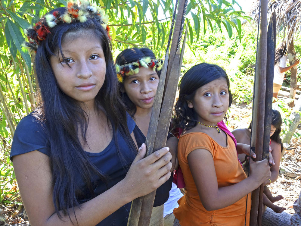 A group of young women from the Awa people in Brazil hold their bows and arrows as they return from a hunt. A new reexamination of ethnographic studies finds female hunters are common in hunter-gatherer societies.