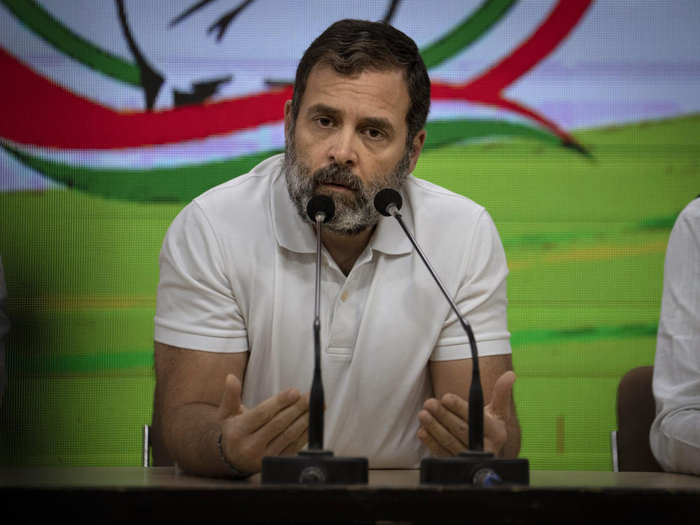 Indian opposition leader Rahul Gandhi addresses a press conference in New Delhi, India, on Saturday after visiting Manipur state to survey the damage caused by clashes between clashing ethnic communities.