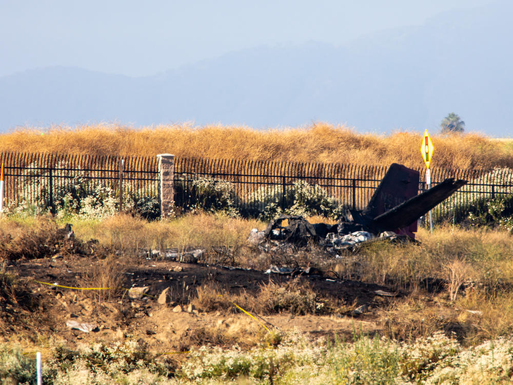 A business jet crashed into a field on Saturday morning, killing six people aboard, Riverside County authorities said. Charred remains of the Cessna C550 lies near the landing approach at French Valley Airport, in Murrieta, Calif.