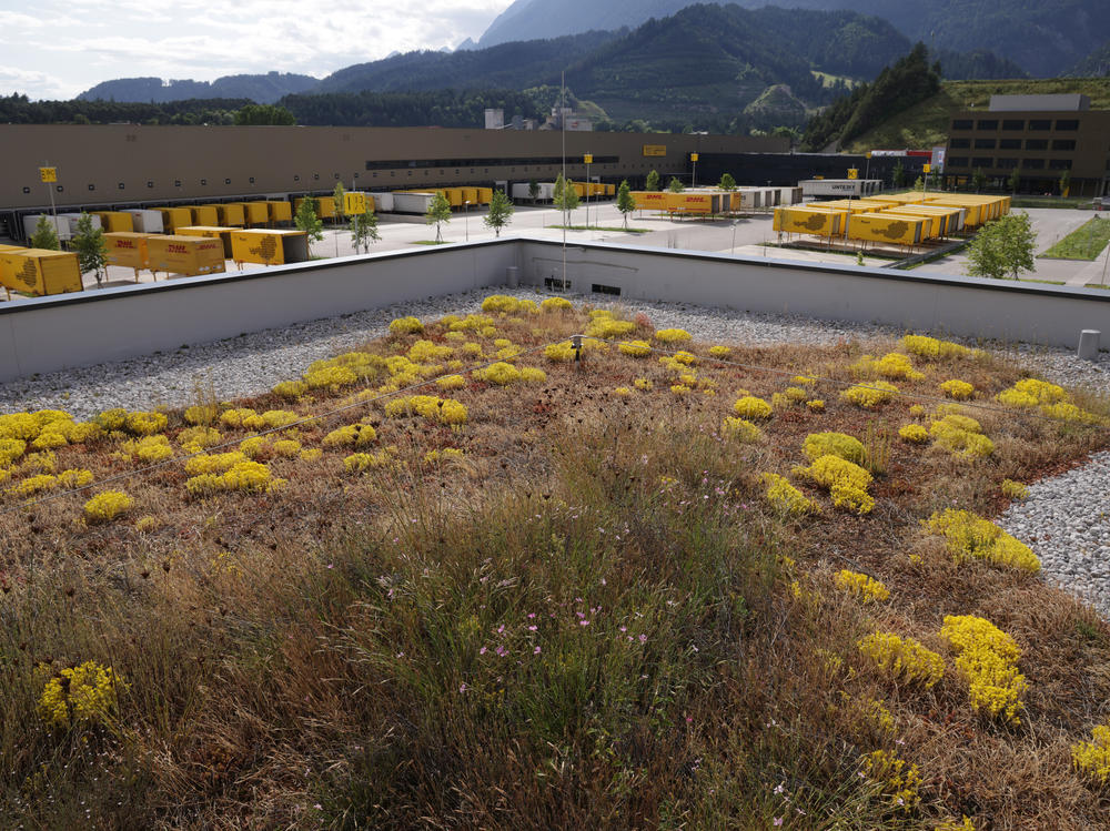 A landscape covers the rooftop of the main distribution center for the Austrian postal service in Vomp, Austria.