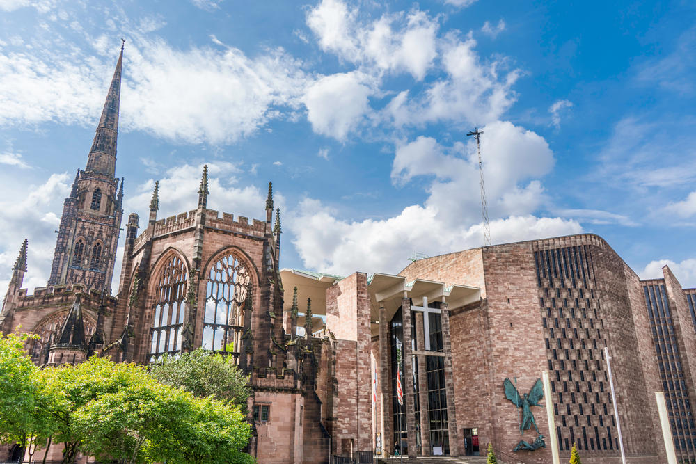 The ruins of Coventry Cathedral, which was bombed during World War II, were left standing as a memorial beside the new cathedral, built next door.
