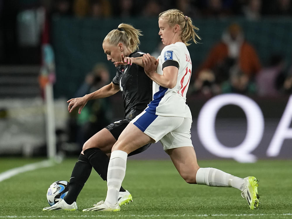 New Zealand's CJ Bott, left, and Norway's Julie Blakstad battle for possession at the first game of the Women's World Cup soccer game at Eden Park in Auckland, New Zealand, Thursday, July 20, 2023.