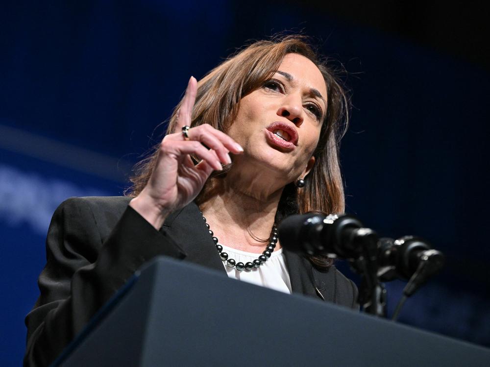 Vice President Harris addresses a Pennsylvania Democratic Party reception in Philadelphia on Oct. 28, 2022. On Friday, Harris called Florida's new education standards insulting and misleading.