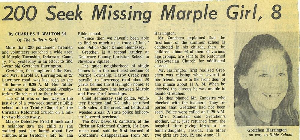 A newspaper clipping from 1975 describes the search for Gretchen Harrington.