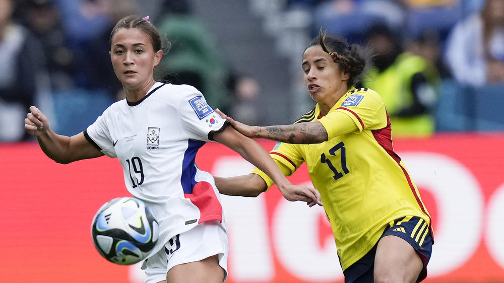 South Korea's Casey Phair, left, and Colombia's Carolina Arias compete for the ball during the Women's World Cup Group H soccer match in Sydney, Australia, Tuesday, July 25.