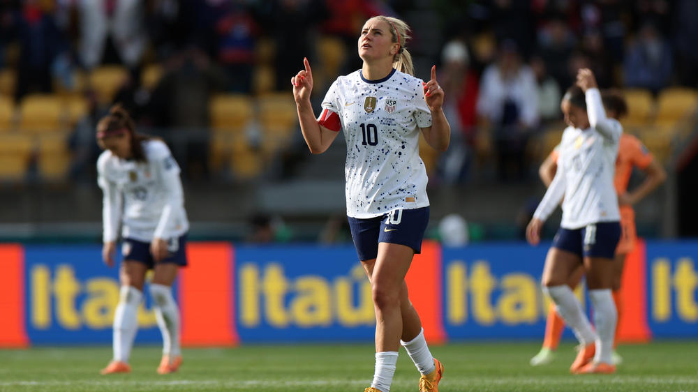 Lindsey Horan of USA celebrates after scoring her team's only goal against the Netherlands at the 2023 Women's World Cup group match on July 27, 2023 in Wellington, New Zealand.