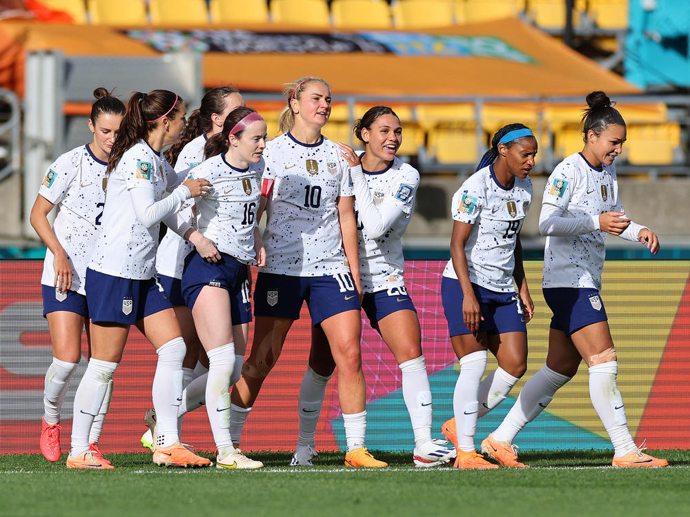 Members of the U.S. Women's National Team celebrate their game-tying goal against the Netherlands at the Women's World Cup on July 27 in Wellington, New Zealand.