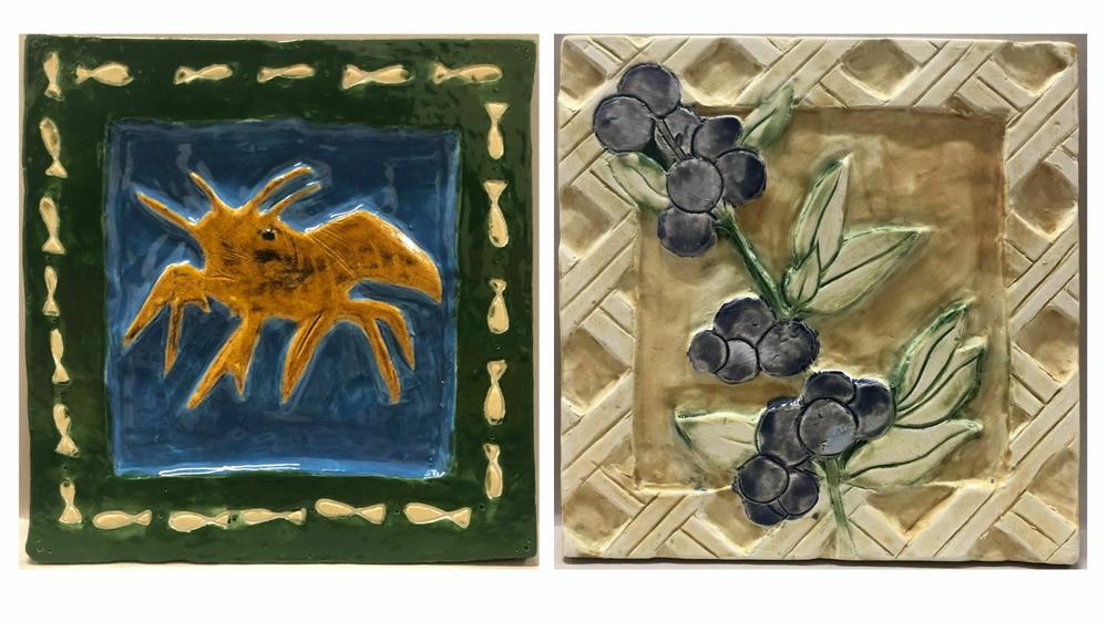 Left: Hopewell Valley Central High School freshman Devin Brown's tile shows a crayfish – several species of which are currently endangered – to show how climate change is threatening New Jersey's biodiversity. Right: Senior Evelyn Lansing's tile features a blueberry branch, a popular berry in New Jersey, to communicate her concerns about the effects of climate change on agriculture.