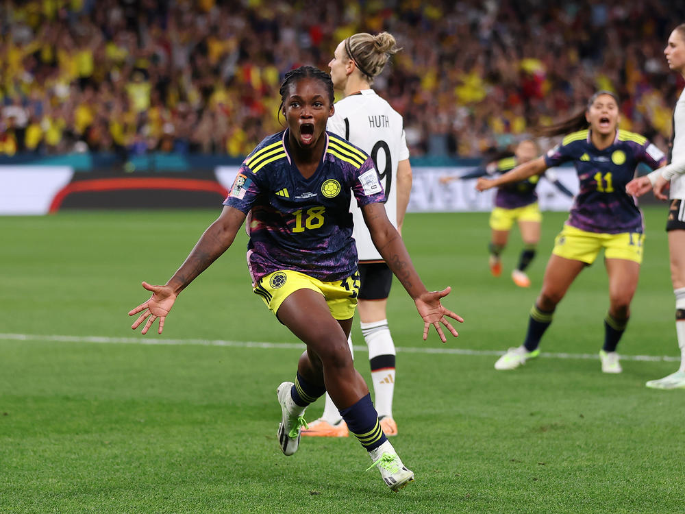 Linda Caicedo of Colombia celebrates after scoring her team's first goal during the World Cup match between Germany and Colombia.