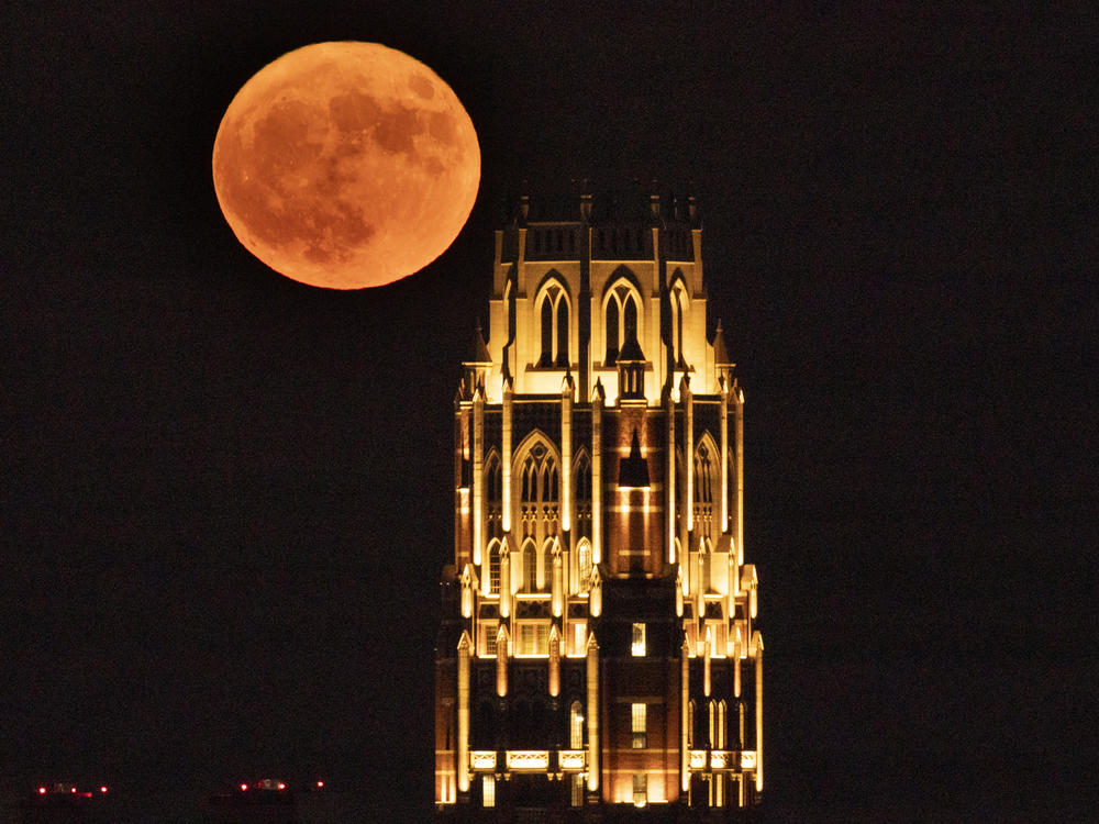 The sturgeon supermoon over Vanderbilt University's West End Tower in Nashville, Tenn.