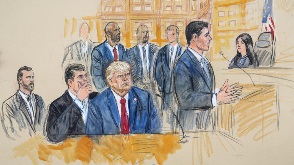 This artist sketch depicts Donald Trump, center, conferring with defense lawyer Todd Blanche, left, during the former president's appearance in court in Washington on Aug. 3, as Trump defense lawyer John Lauro faces U.S. Magistrate Judge Moxila Upadhyaya. Special counsel Jack Smith sits at far left.