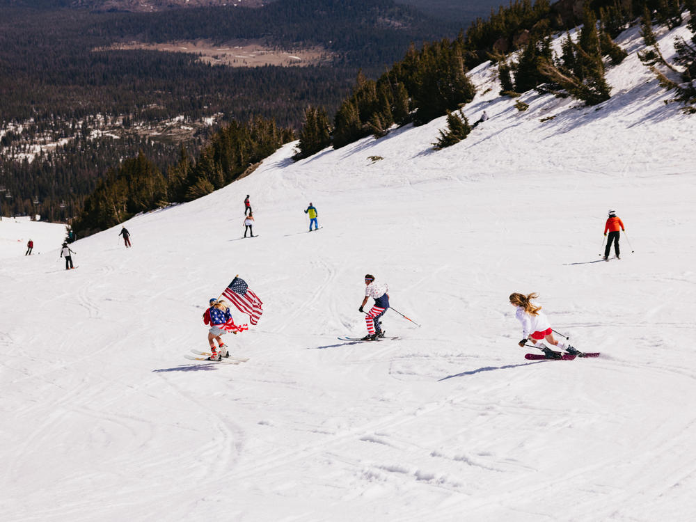Skiiers at Mammoth Mountain on the Fourth of July. The resort was scheduled to close at the end of July, but conditions allowed the mountain to stay open until Aug. 6, the second-longest season in Mammoth's history.