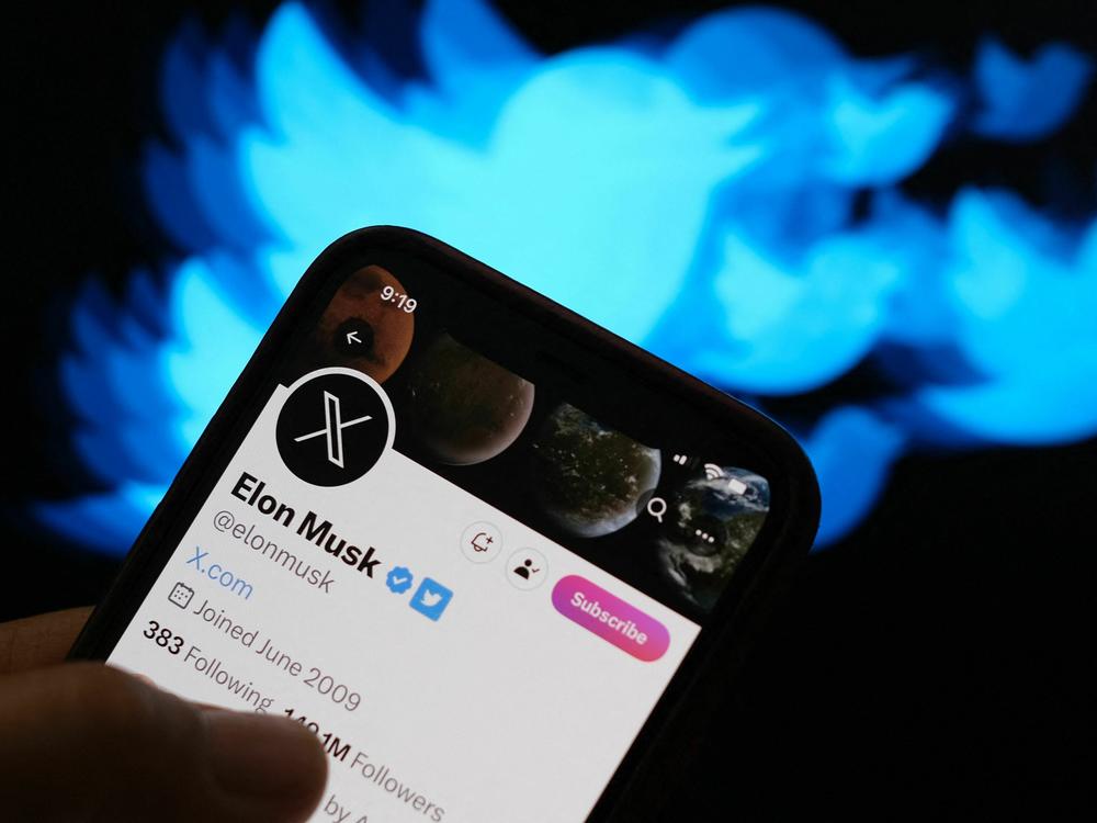 This illustration photo created on July 24 shows the Twitter bird logo in the background of the X account of Elon Musk.