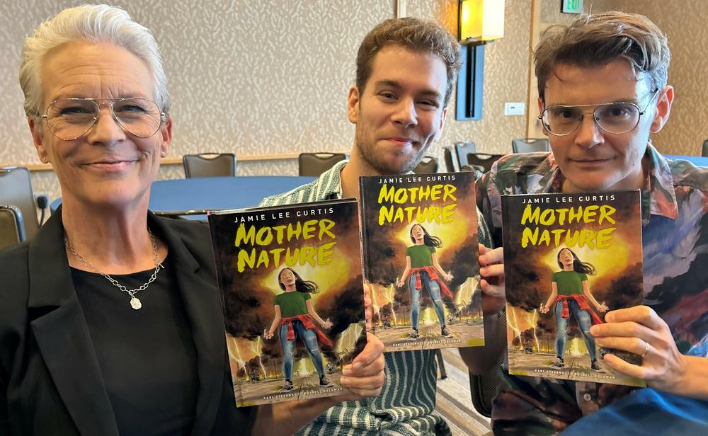 Jamie Lee Curtis, Russell Goldman and Karl Stevens <em>— </em>co-creators of the new graphic novel <em>Mother Nature — </em>at Comic-Con San Diego.