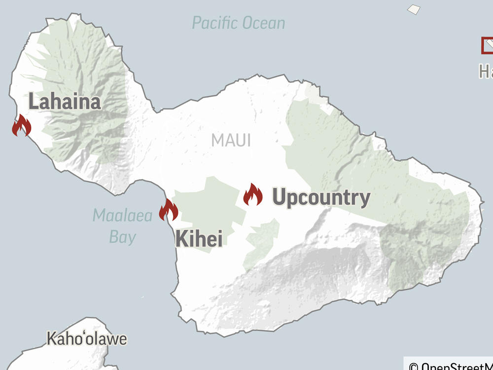 This graphic shows the location of fires on the island of Maui, Hawaii, Thursday, Aug. 10, 2023.